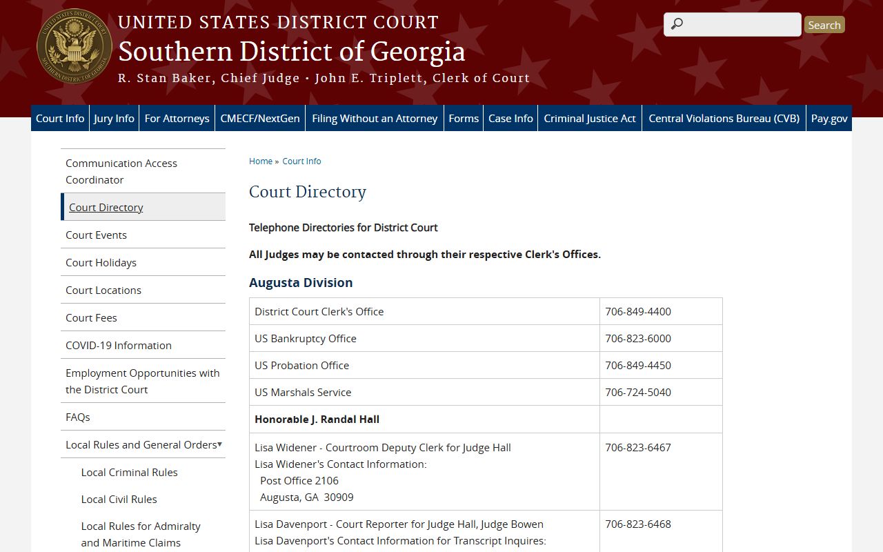 Burke County federal court directory for Southern District Augusta Division